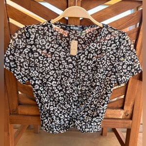 G MINI Sheer Leopard Print Front Tie Knot Key Hole Crop Top Womens Small